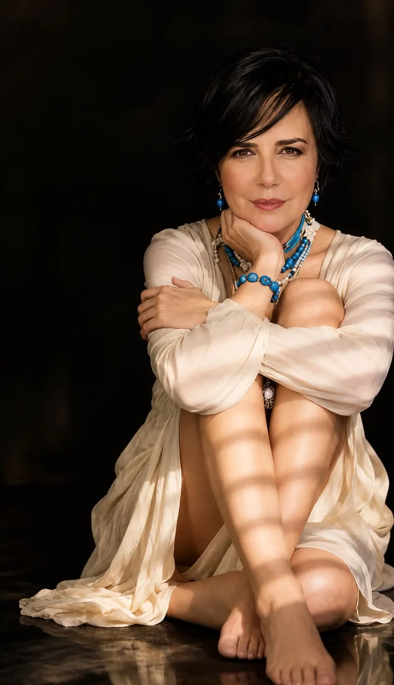 Marta Escher sentada sobre fundo preto, de vestido claro, com colares, brincos e pulseira de pedras azuis