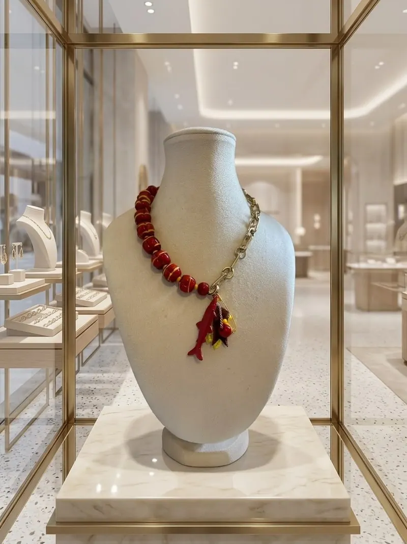 Colar de peças importadas esmaltadas no vermelho, no ouro com banho de 18k, num busto de vitrine